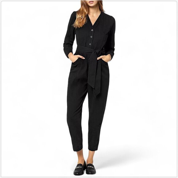Joie Leray Black Cotton Belted Jumpsuit Cropped Pants Button Front NWT NEW 12 - Picture 1 of 7